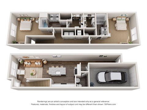 a stylized view of the 1 bedroom floor plan of a 2100 sq ft apartment